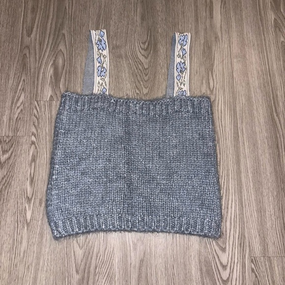 MNG Blue Knit Square Neck Top with Floral Patterned Straps - Picture 1 of 5